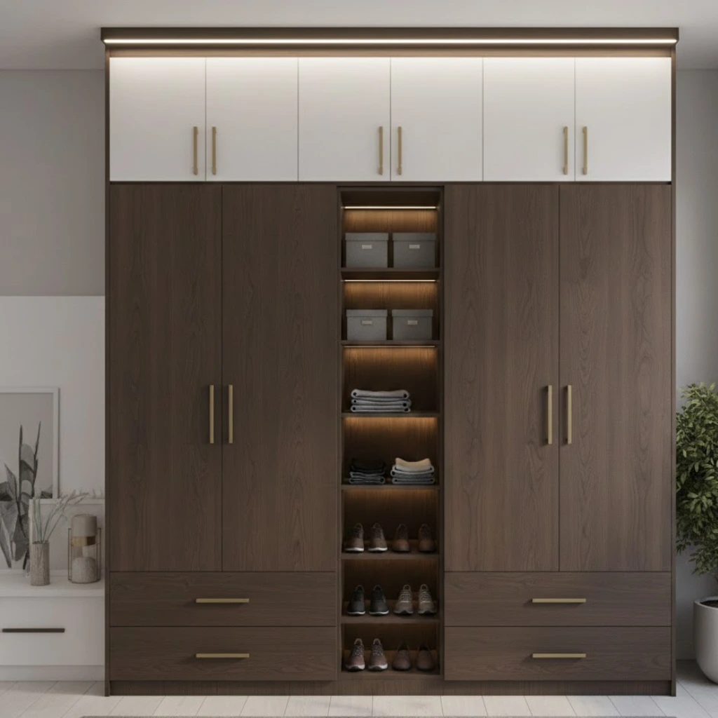 Wardrobe with loft storage maximizing bedroom space.