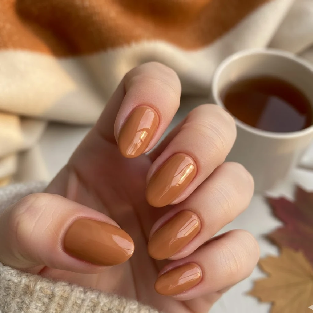 _Warm caramel almond nails with a glossy finish perfect for soft fall looks._