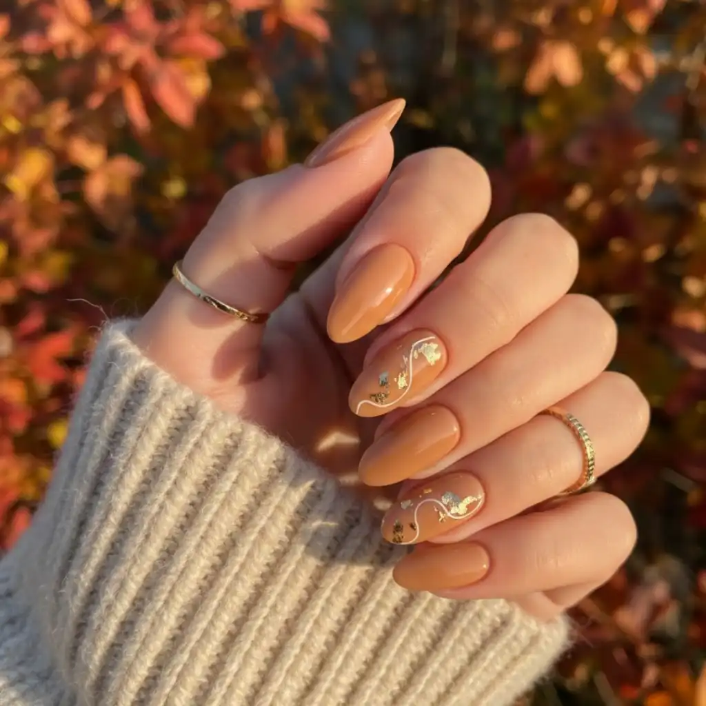 Warm caramel almond nails with glossy finish and subtle white swirl accents for fall.