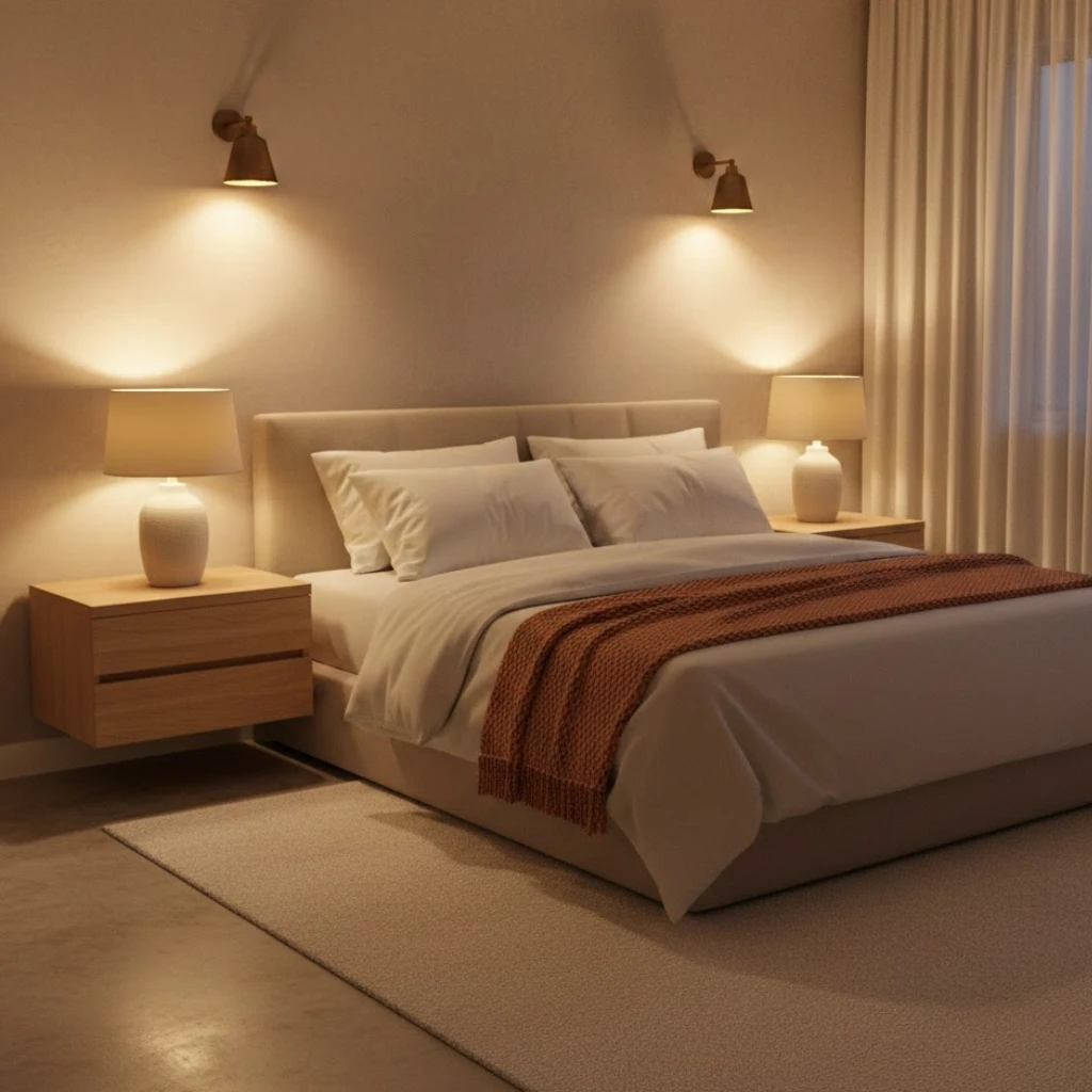 Warm lighting creating a cozy neutral bedroom atmosphere