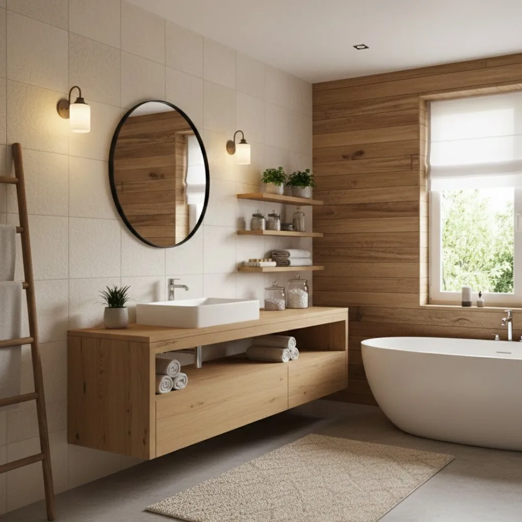 Warm wood accents bringing comfort and balance to a modern bathroom.
