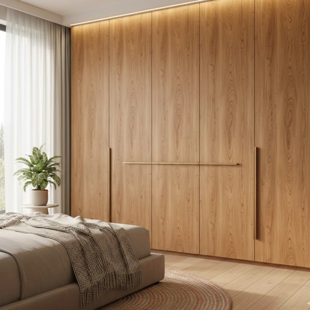 Wood-texture wardrobe adding warmth to a modern master bedroom.