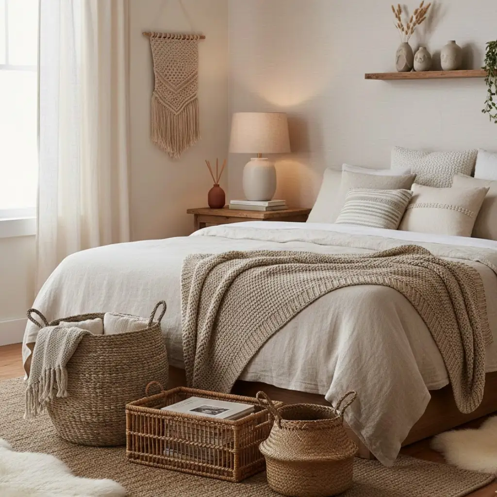 Woven baskets adding storage and texture to a neutral bedroom