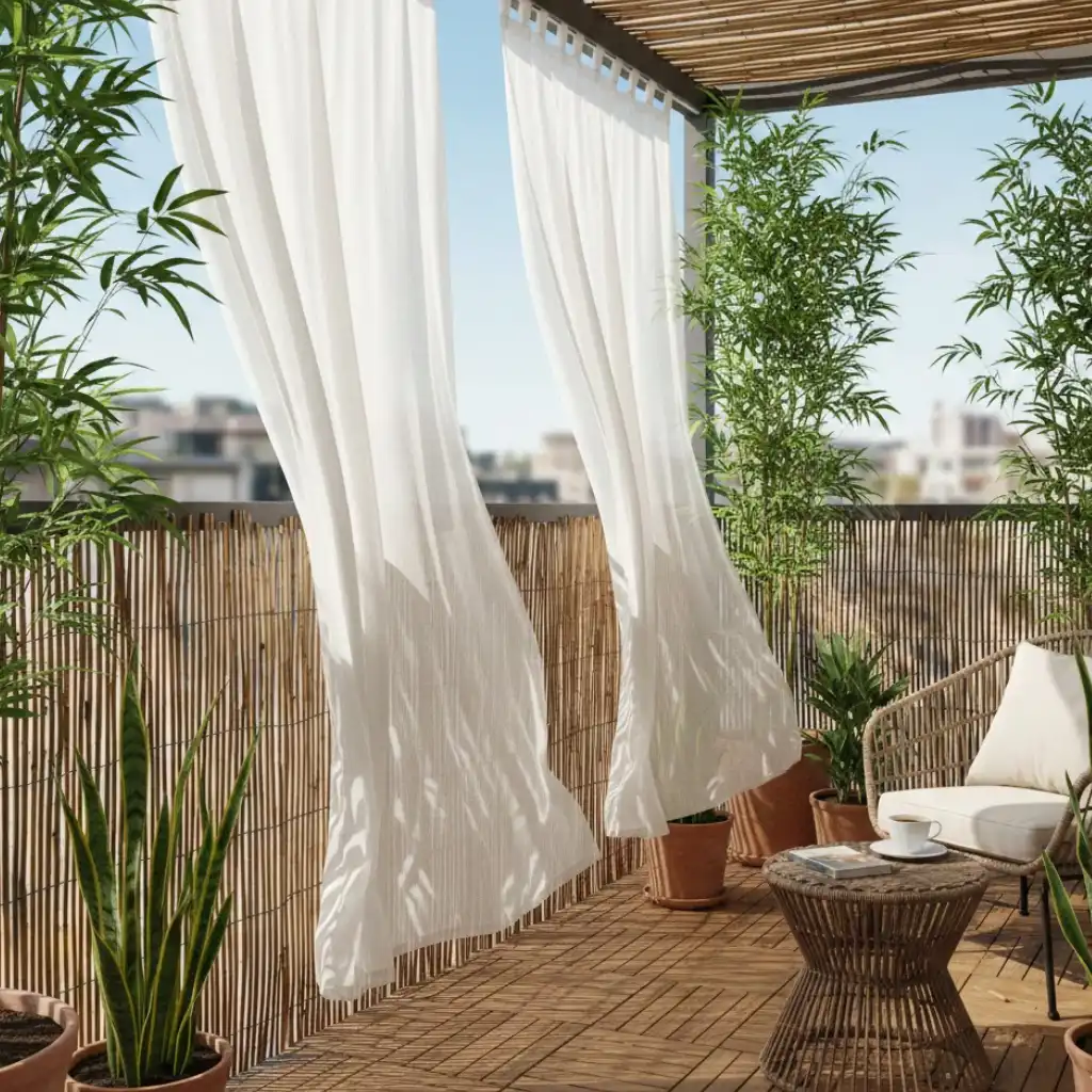 Apartment balcony featuring bamboo screen, outdoor curtains, and tall plants for privacy without blocking light