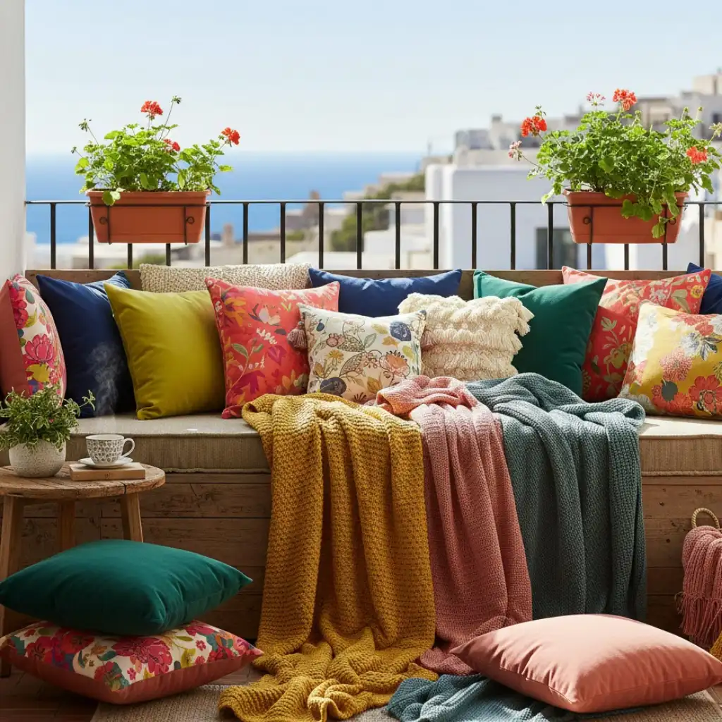 Apartment balcony seating area with outdoor cushions, pillows, and throw blankets for added comfort.