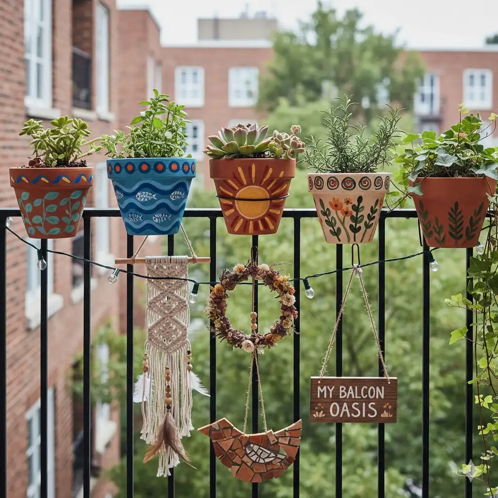 Apartment balcony with hand-painted pots and DIY wall art, showcasing creative personal touches