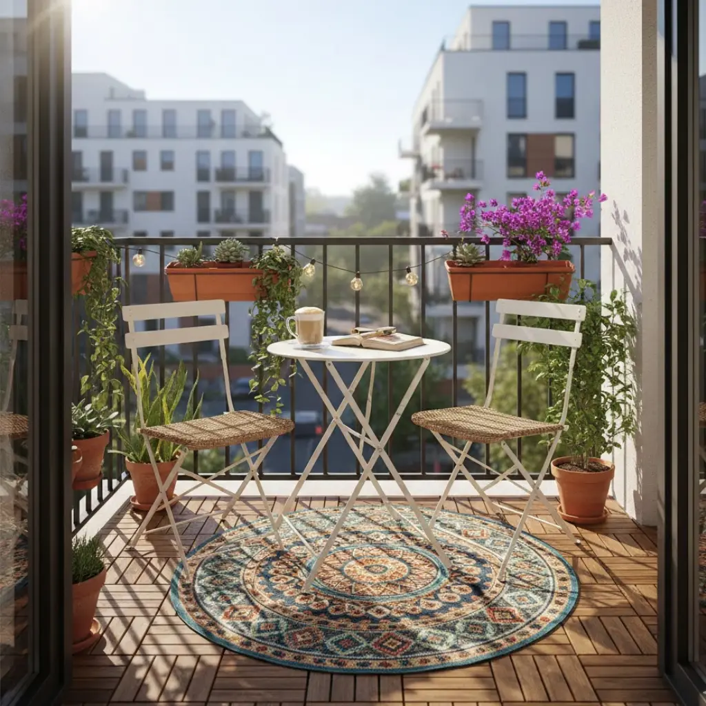 Apartment balcony with interlocking wooden deck tiles and a colorful outdoor rug for budget-friendly flooring.