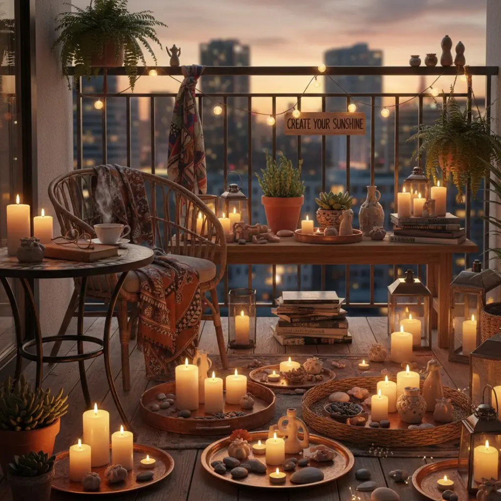 Apartment balcony with personal decor items like candles, trays, and a small table, adding character to the space.