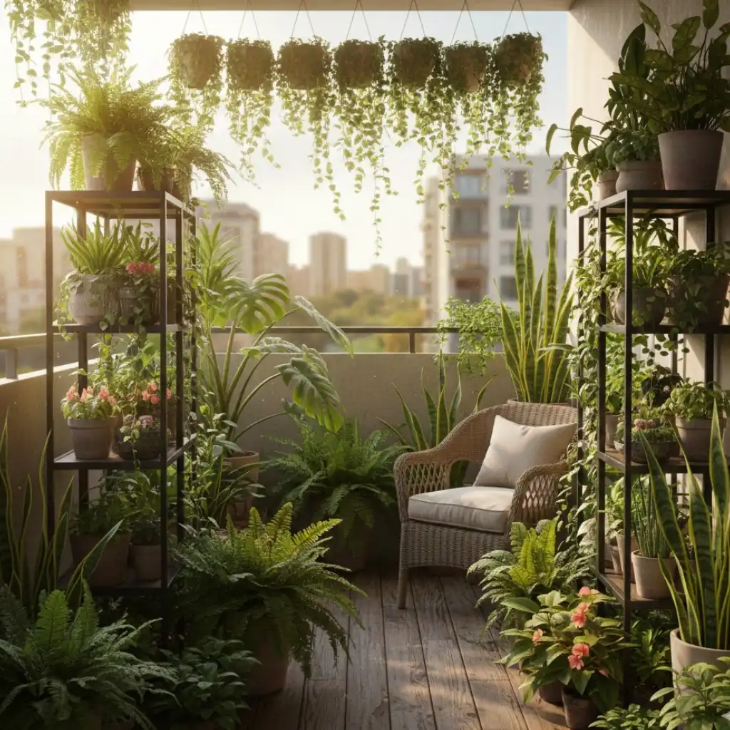 Apartment balcony with various potted plants and hanging planters, creating a lush green mini garden.