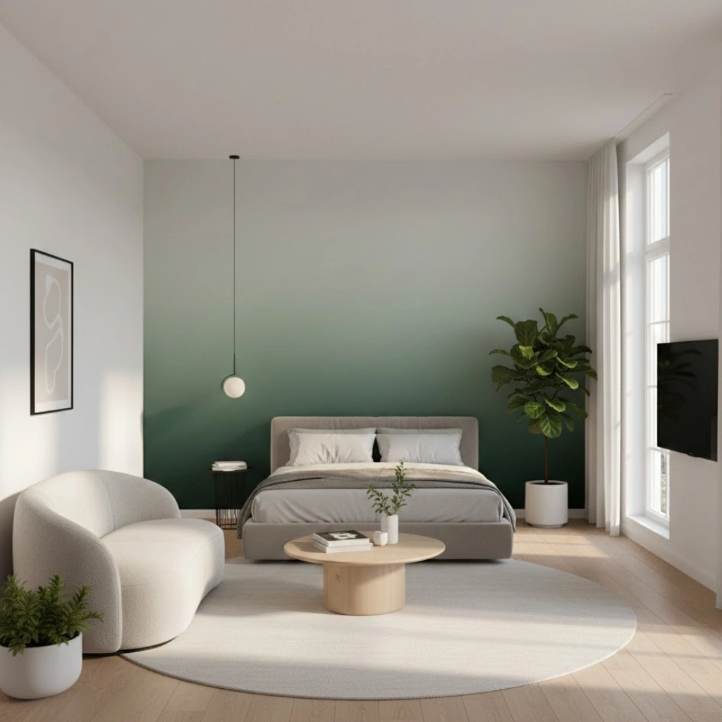 Bathroom with mint green wallpaper, white tiles, and wooden shelves, creating a fresh and spa-like home decor look.