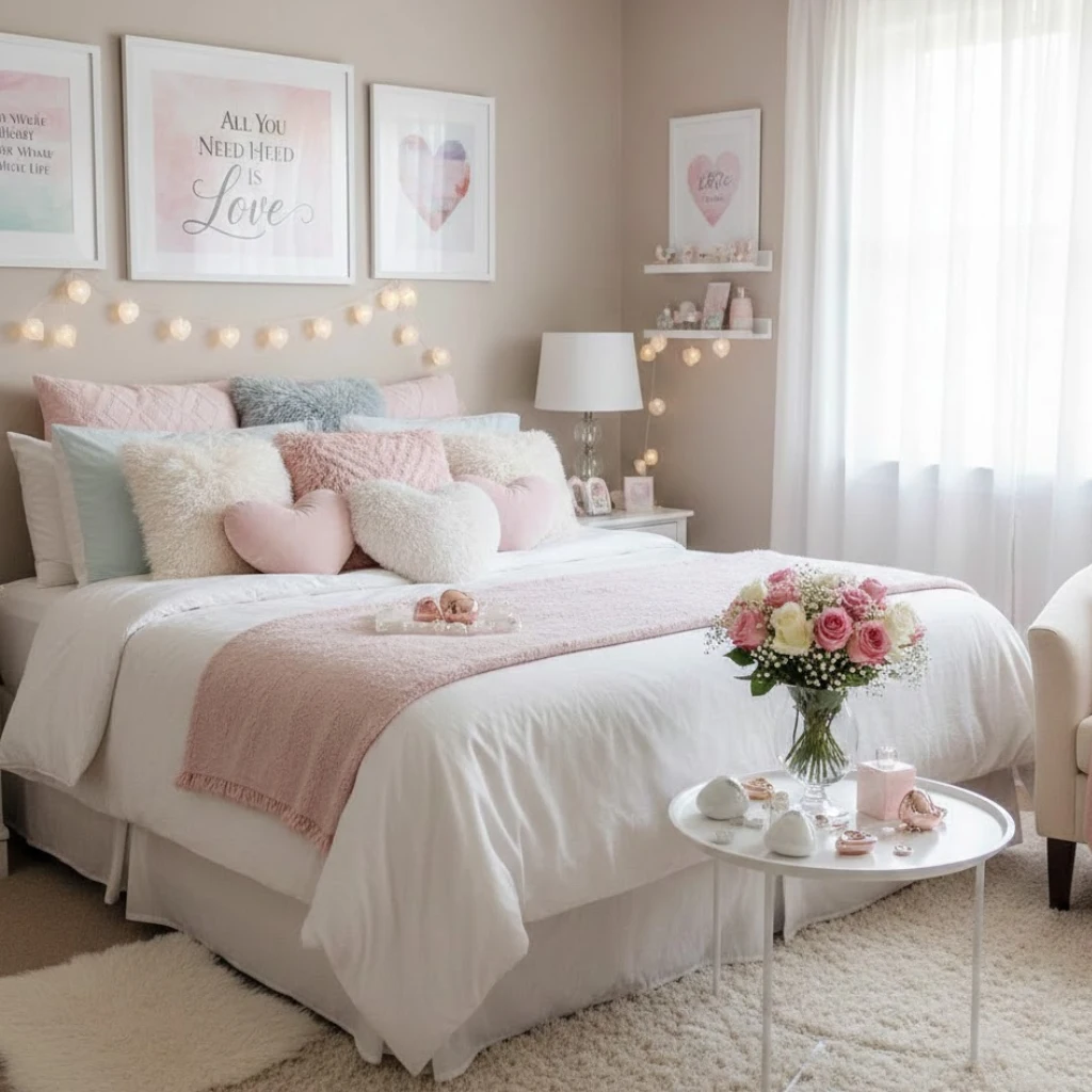 “Bedroom featuring heart-themed pillows, wall art, and decor items for a festive Valentine’s touch.”