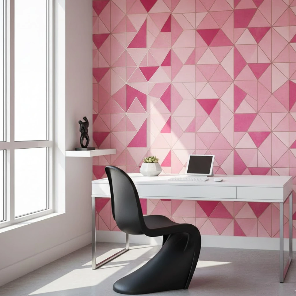 Bold pink geometric wallpaper ideas for modern office interiors.