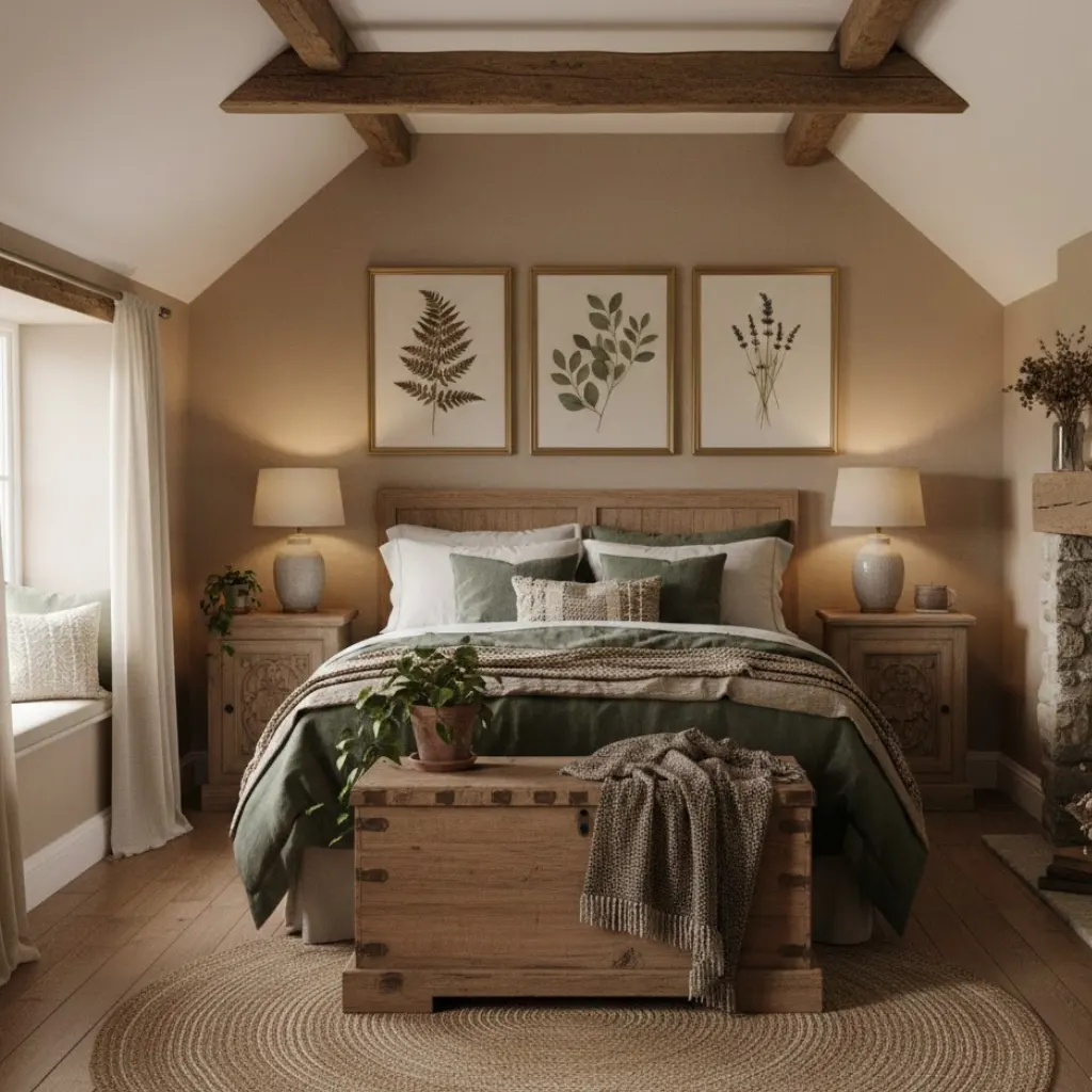 Botanical wall art decorating an earthy cottage bedroom