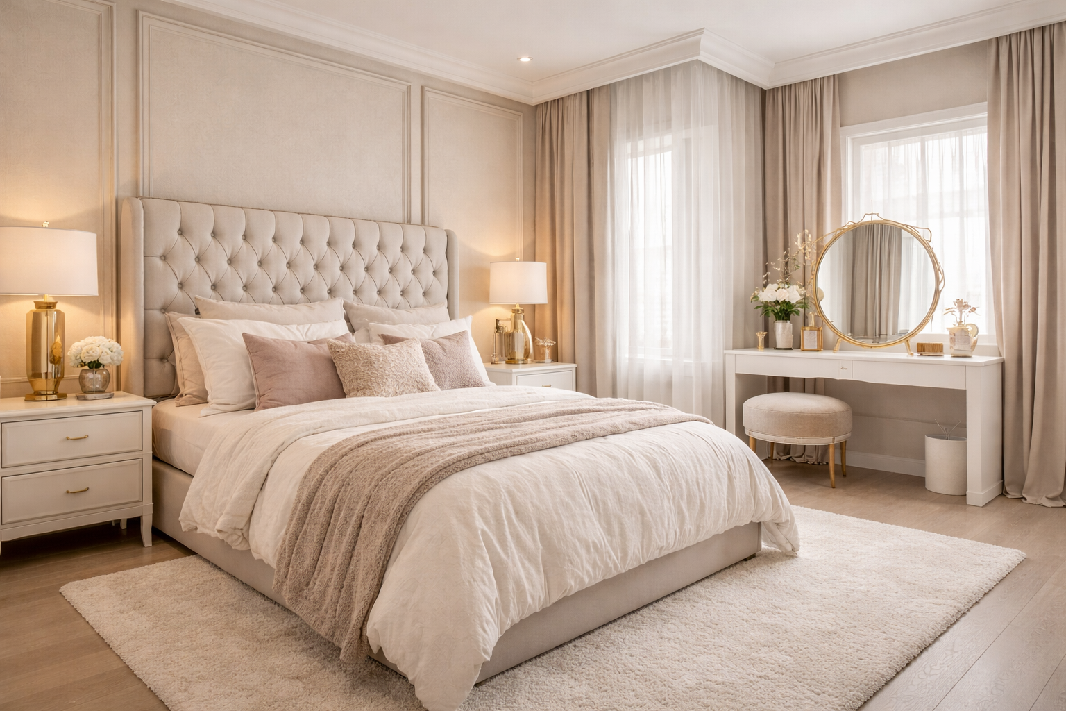 Luxurious girls bedroom with tufted headboard, cozy bedding, and elegant designer-level decor in a soft neutral palette