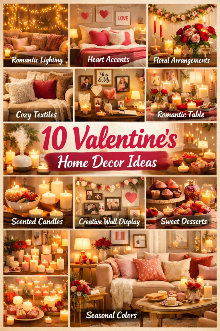 Collage of 10 Valentine’s home decor ideas including romantic lighting, heart-themed accents, floral arrangements, cozy textiles, personalized decor, table setup, scented candles, wall displays, dessert corner, and seasonal color palettes for Valentine’s Day.