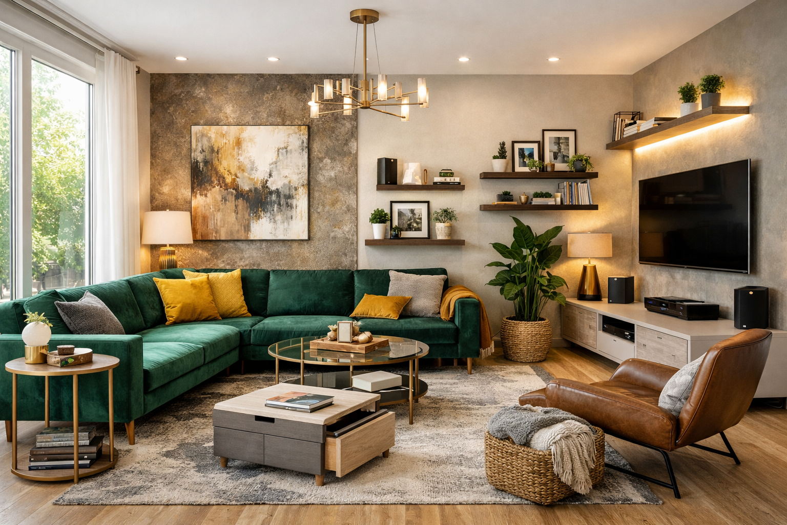 Modern living room combining minimalist, luxury, small-space solutions, bold accents, statement walls, layered lighting, mixed textures, greenery, smart technology, and personal décor touches