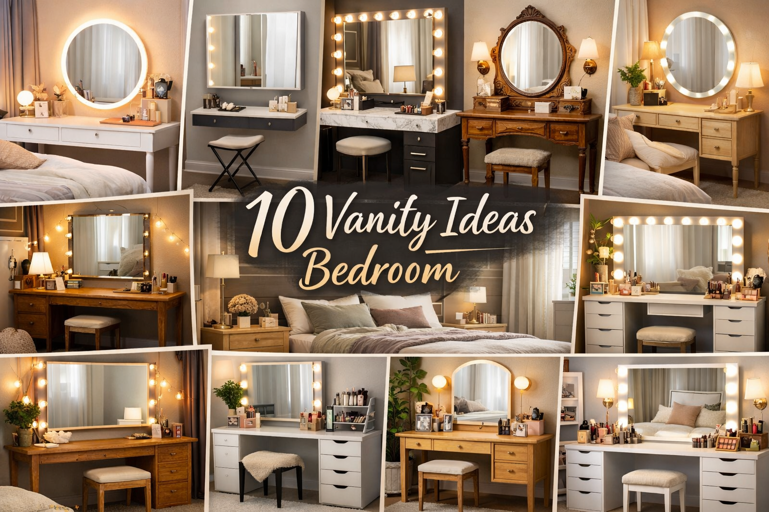 Feature image showcasing ten stylish bedroom vanity setups, including modern luxury, vintage, wooden, DIY, and organized designs with illuminated mirrors, cozy lighting, and elegant decor, titled ‘10 Vanity Ideas Bedroom