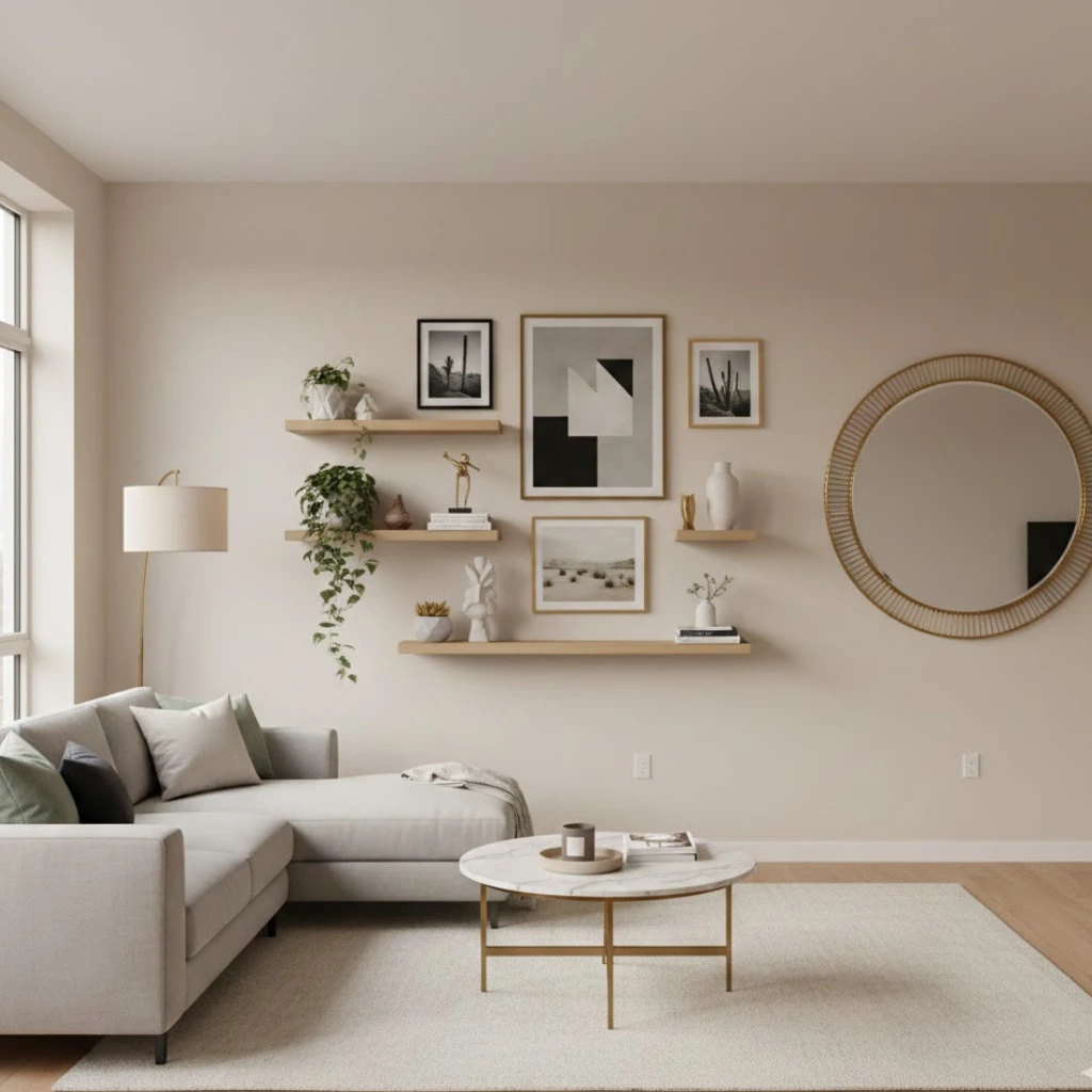 Chic living room with gallery wall, floating shelves, statement mirror, and modern decor.