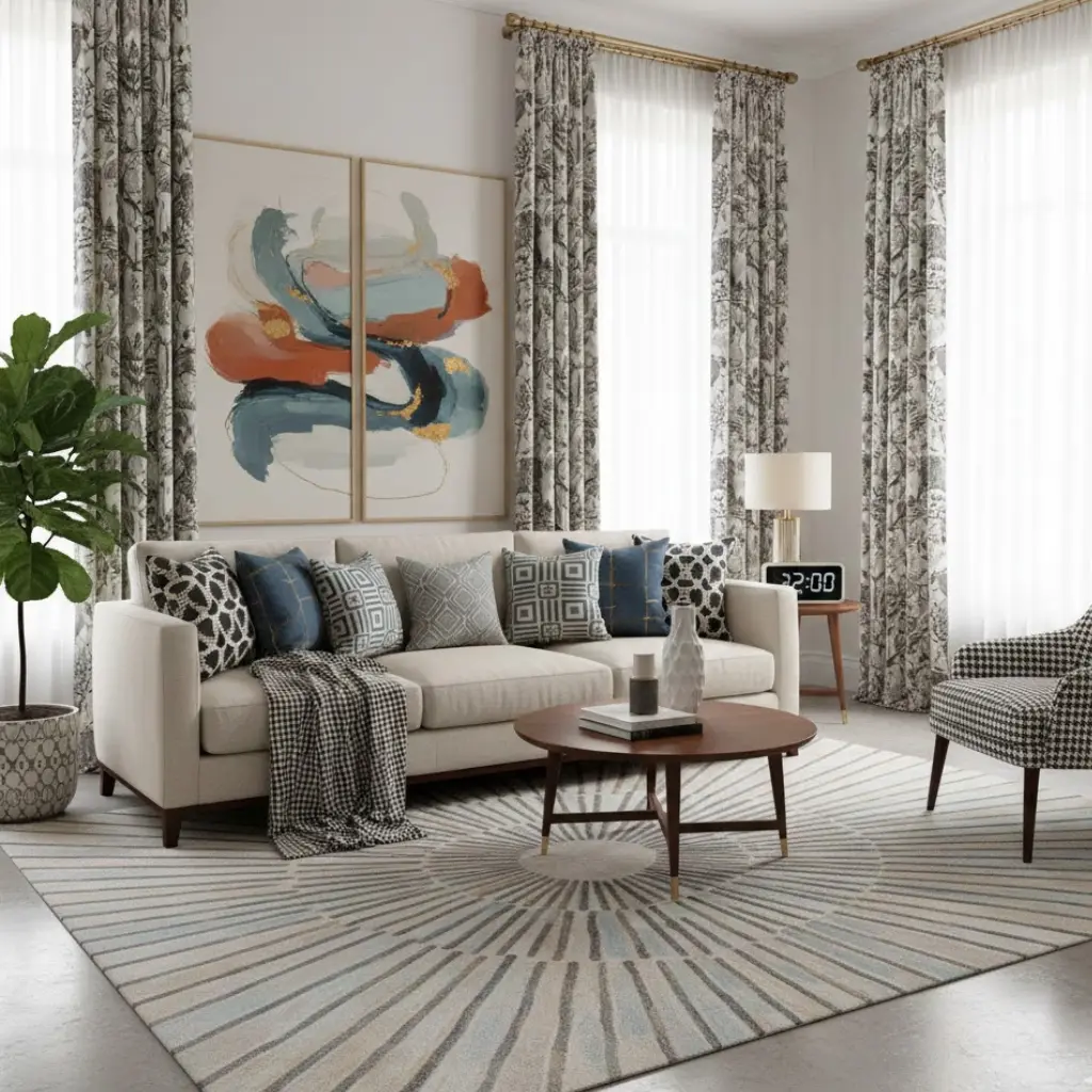 Chic living room with geometric throw pillows, abstract wall art, and patterned curtains.