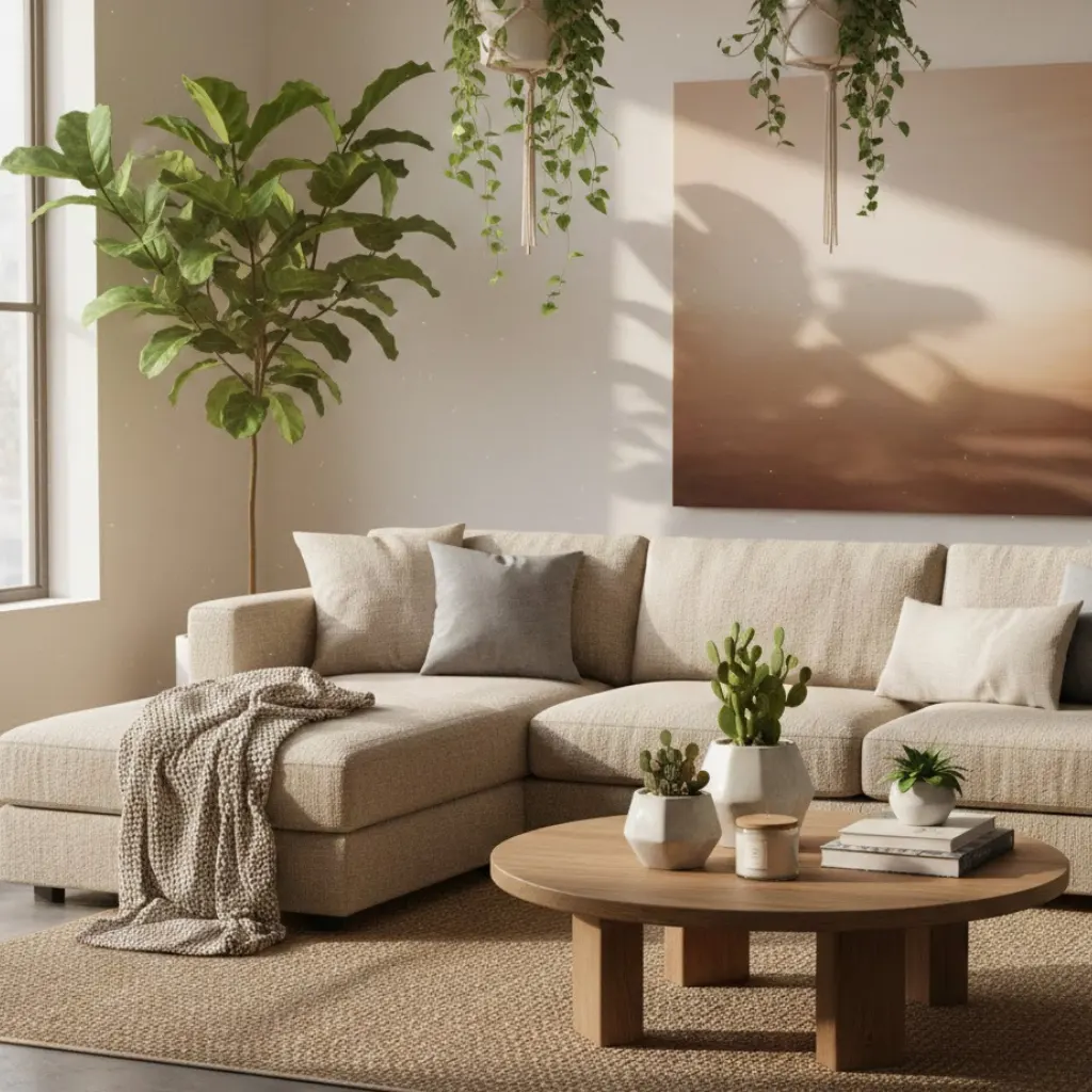 Chic living room with indoor plants including fiddle-leaf fig, succulents, and hanging planters.