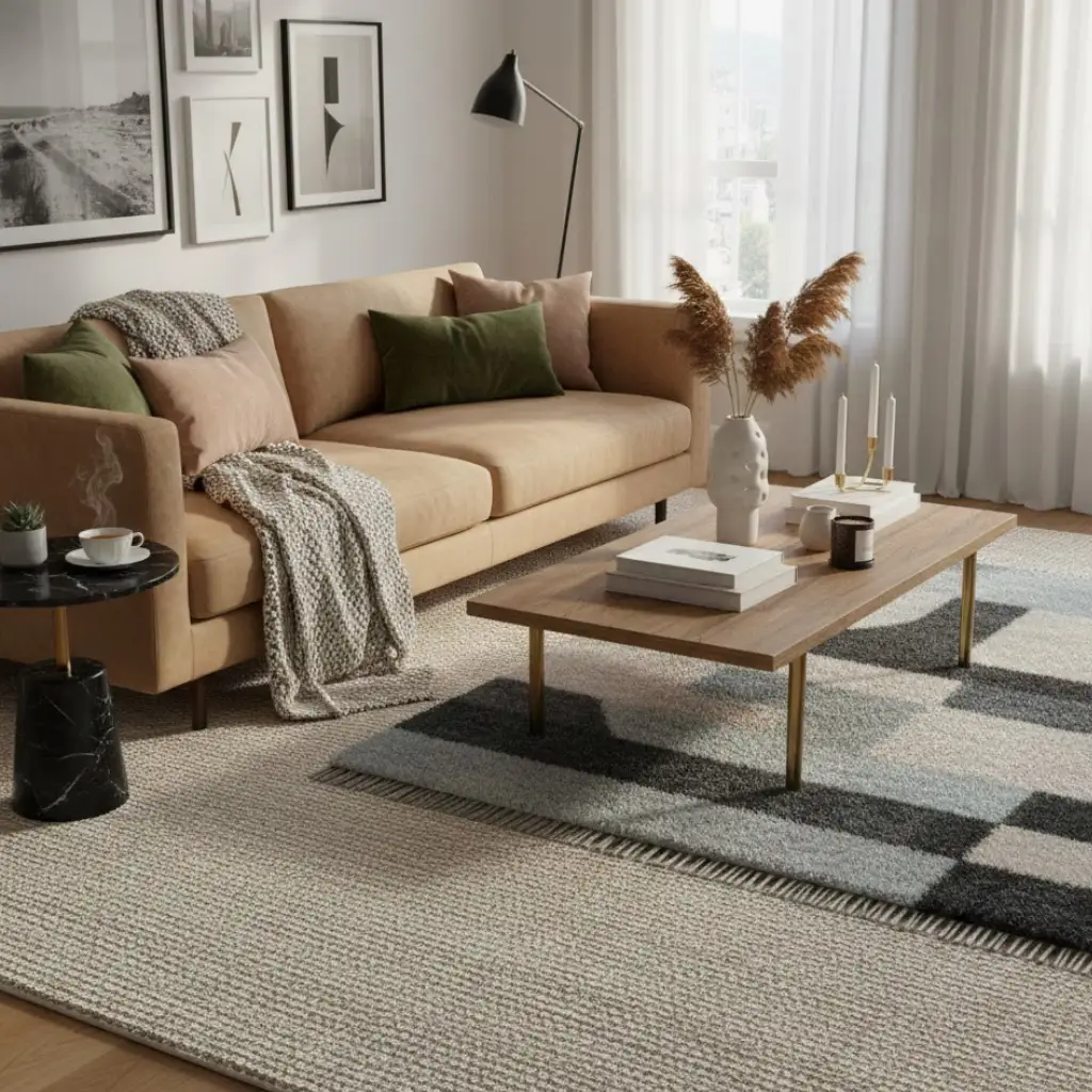 Chic living room with layered rugs, modern sofa, and cozy decor