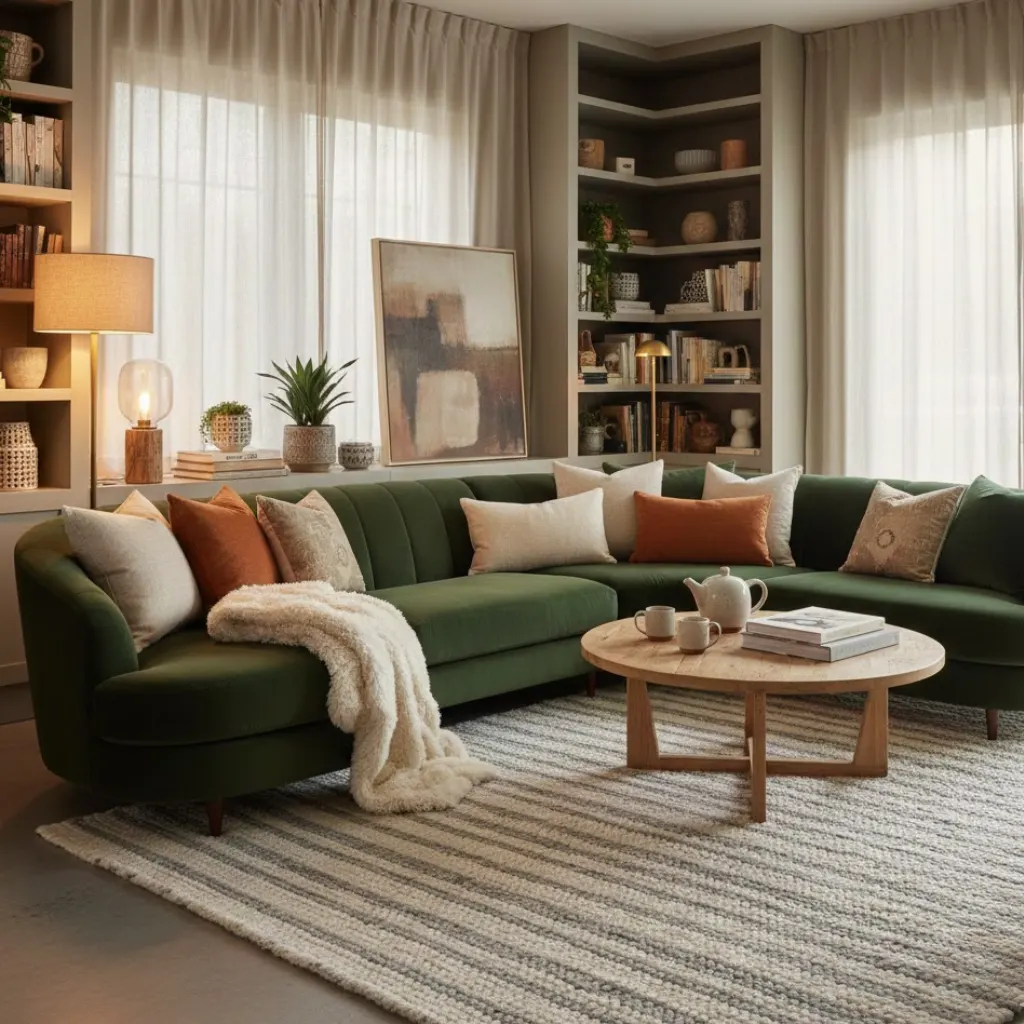 Chic living room with neutral beige sofa and colorful throw pillows, modern coffee table, and abstract wall art.