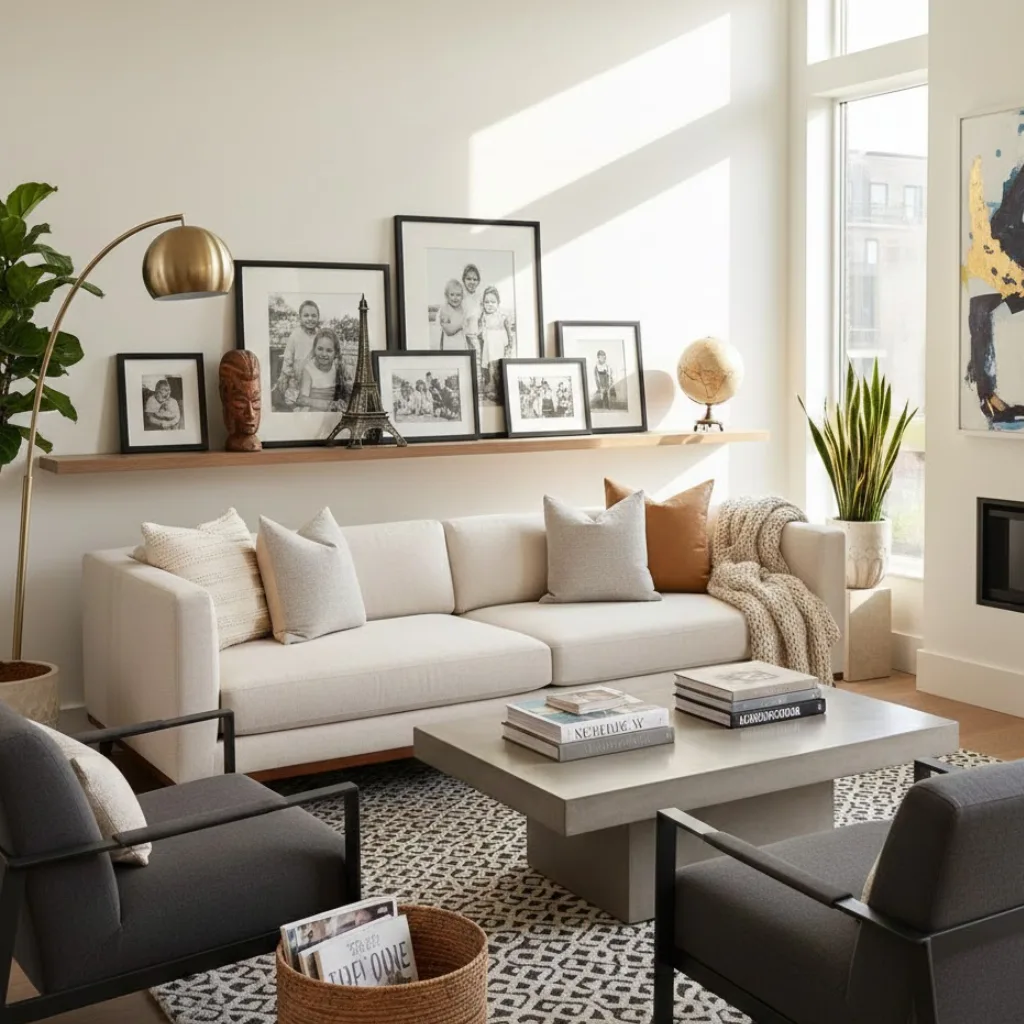 Chic living room with personal touches including framed photos, travel souvenirs, and coffee table books