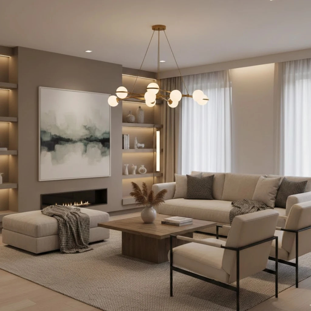 Chic living room with statement pendant light, floor lamp, neutral sofa, and minimalist decor