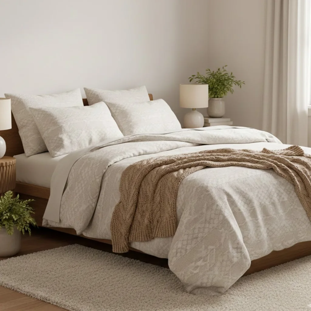 Chic small bedroom aesthetics enhanced with layered textures and cozy details.