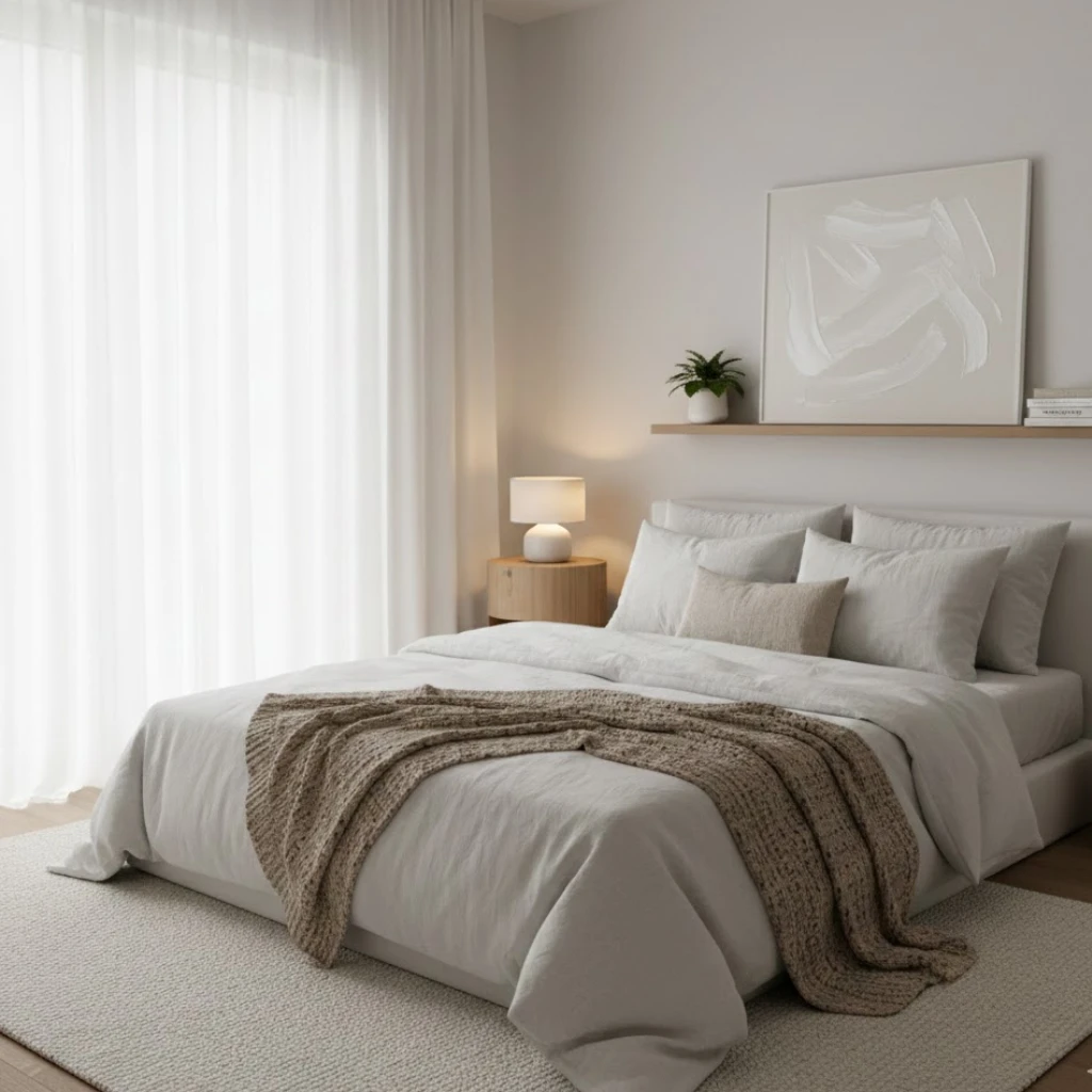 Chic small bedroom aesthetics with soft neutral colors creating an open and calming space.