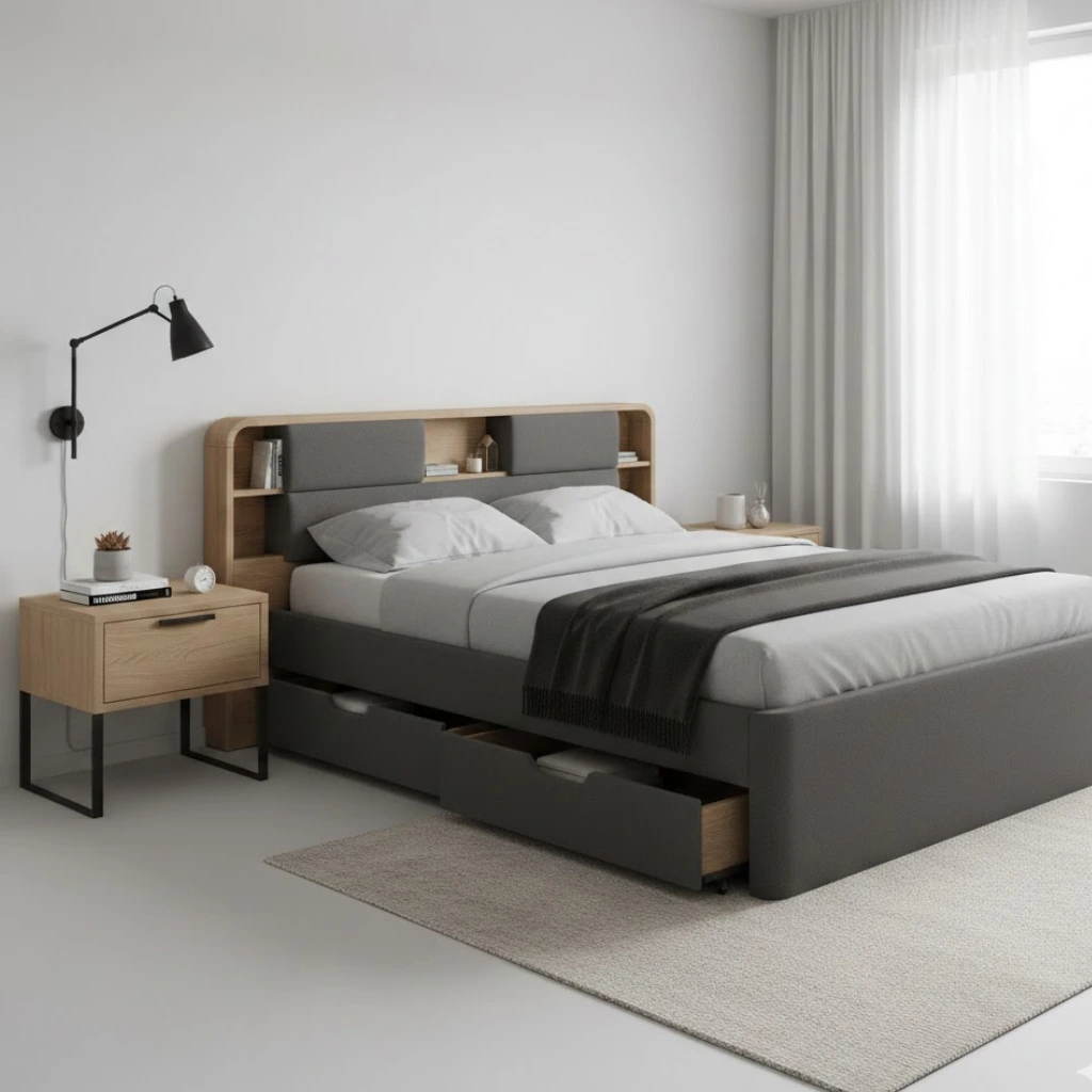 Chic small bedroom decor featuring multi-functional furniture for maximum space.