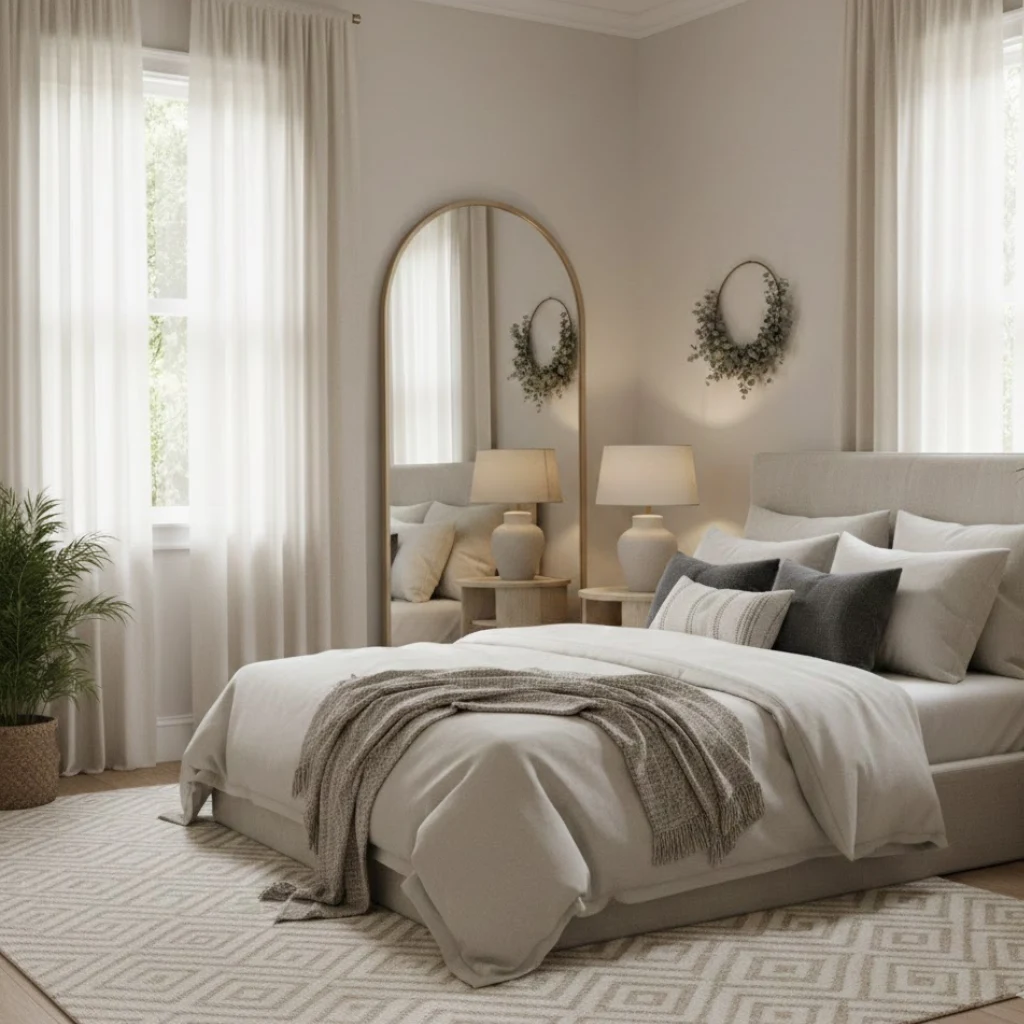 Chic small bedroom decor using mirrors to make the space look larger.