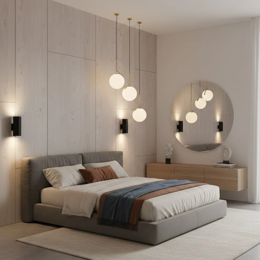 Chic small bedroom decor with wall-mounted lighting to save space.