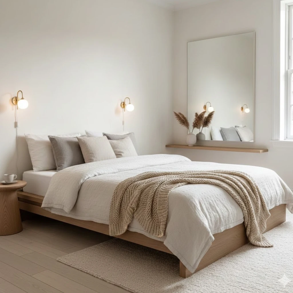 Chic small bedroom design featuring neutral tones, smart storage, and elegant minimalist decor.