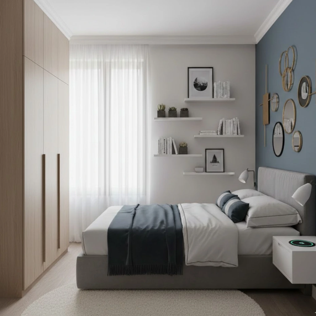 Chic small bedroom design using vertical storage to save floor space.