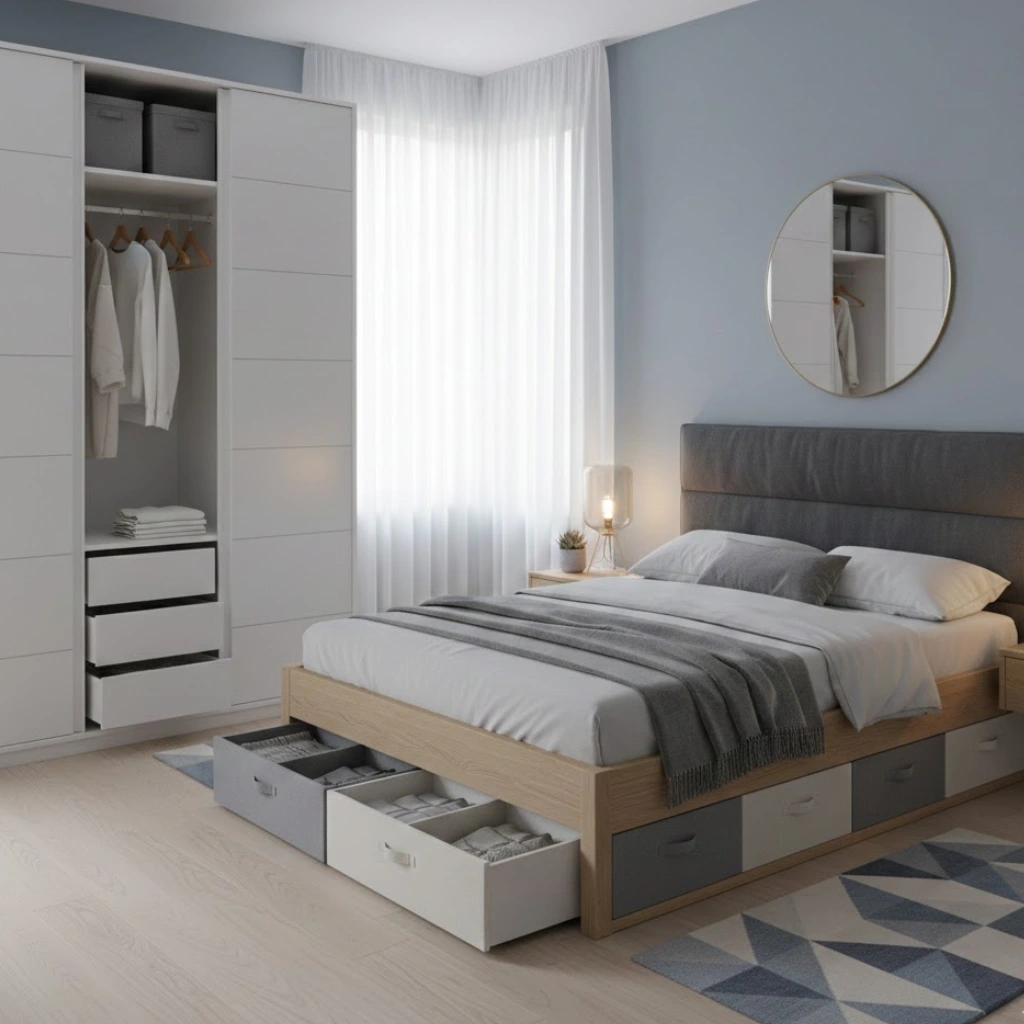 Chic small bedroom design with hidden storage for a clutter-free look.