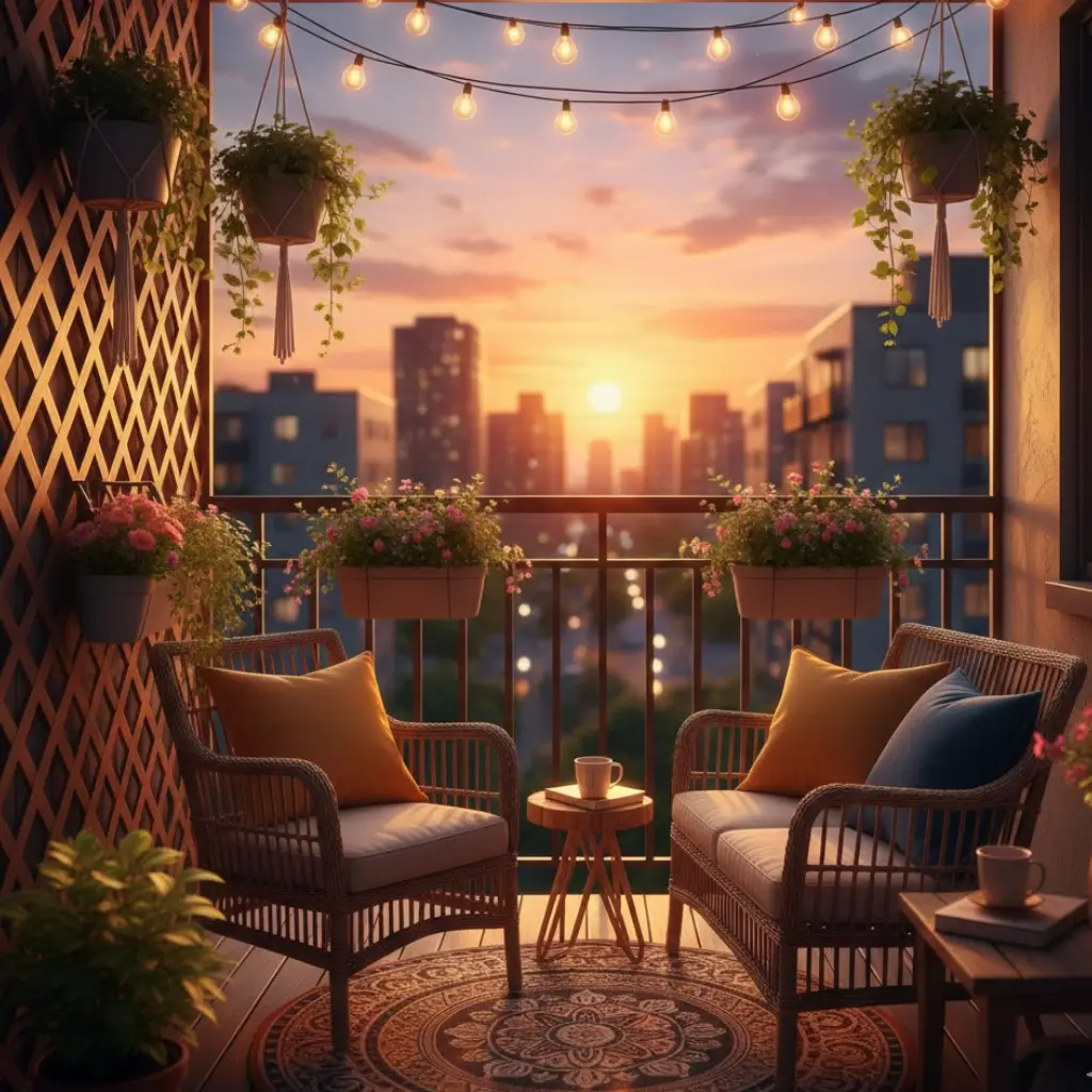 Cozy apartment balcony with small furniture, string lights, and hanging plants creating a warm and inviting space