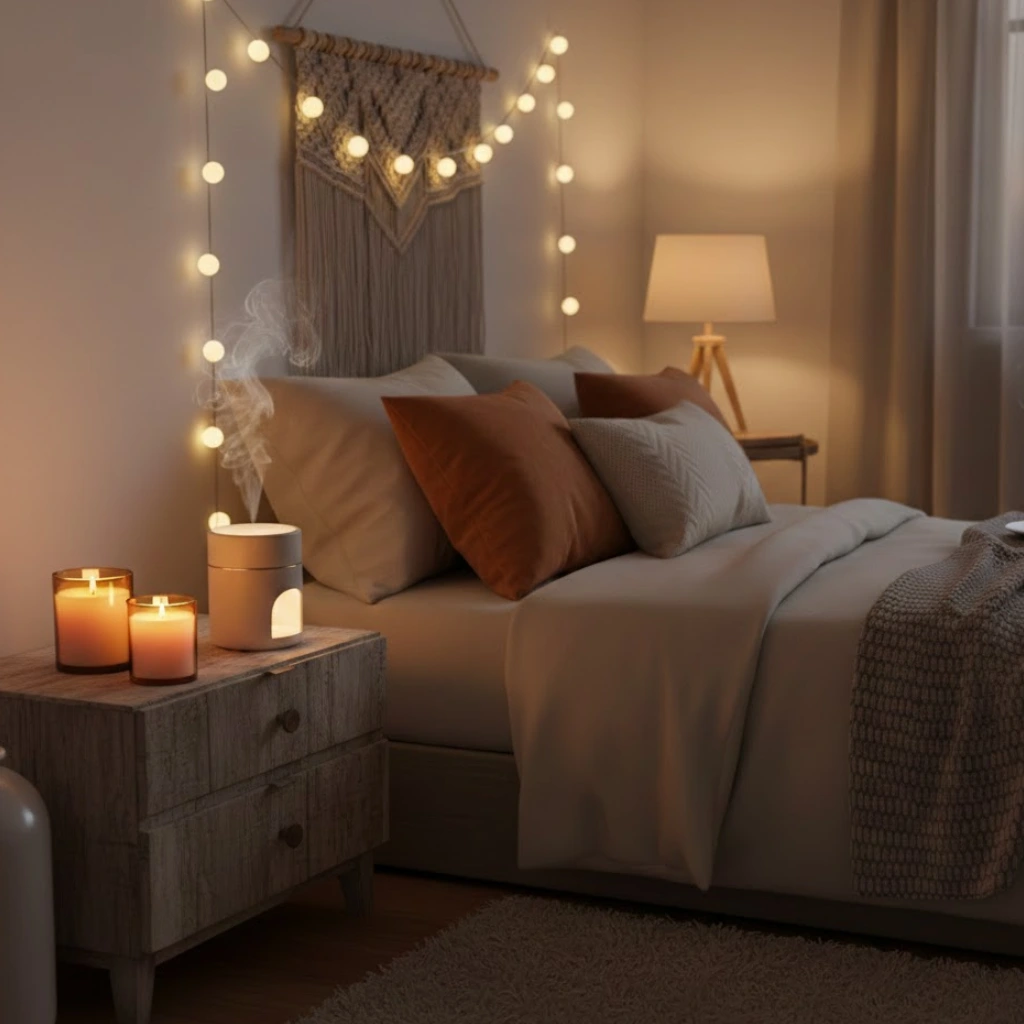 Cozy bedroom decor with candles and soft scents