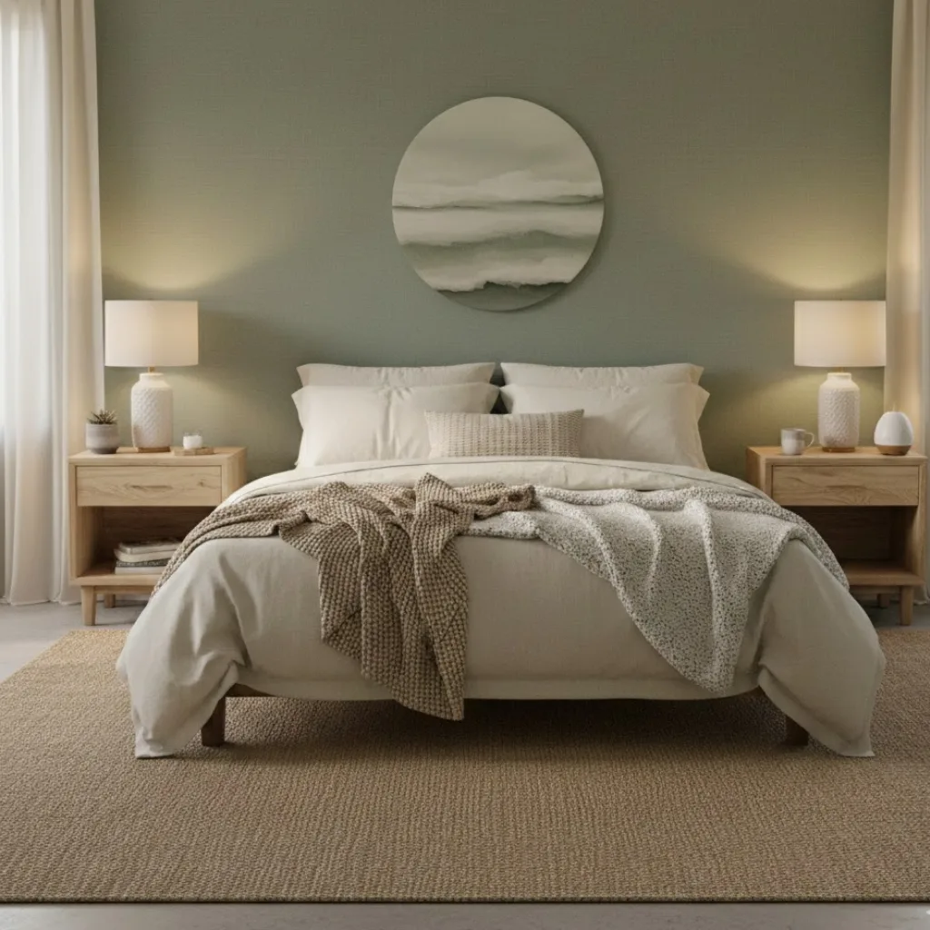 _Cozy bedroom with sage green wallpaper, neutral bedding, and wooden nightstands, creating a serene and calming atmosphere._