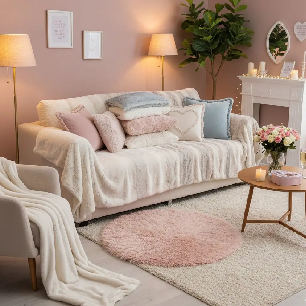 “Cozy living room with faux fur throws, velvet cushions, and layered rugs for Valentine’s Day ambiance.” (1)
