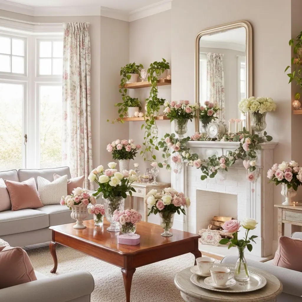 “Cozy living room with faux fur throws, velvet cushions, and layered rugs for Valentine’s Day ambiance.”