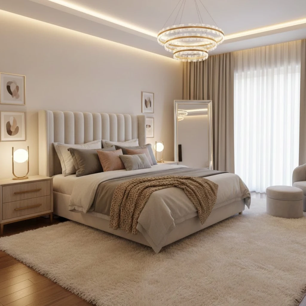 Cozy luxury girls bedroom with a plush rug and soft elegant decor