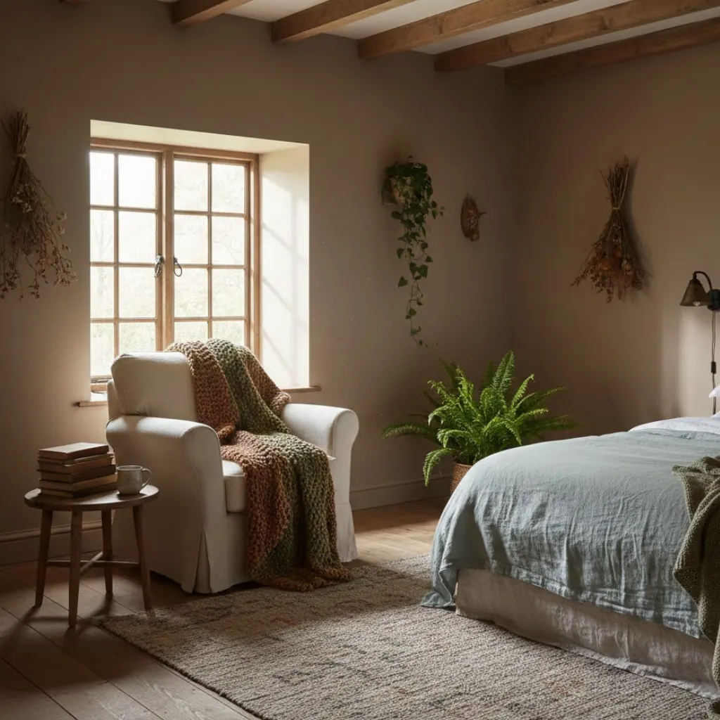 Cozy reading nook inside an earthy cottage bedroom