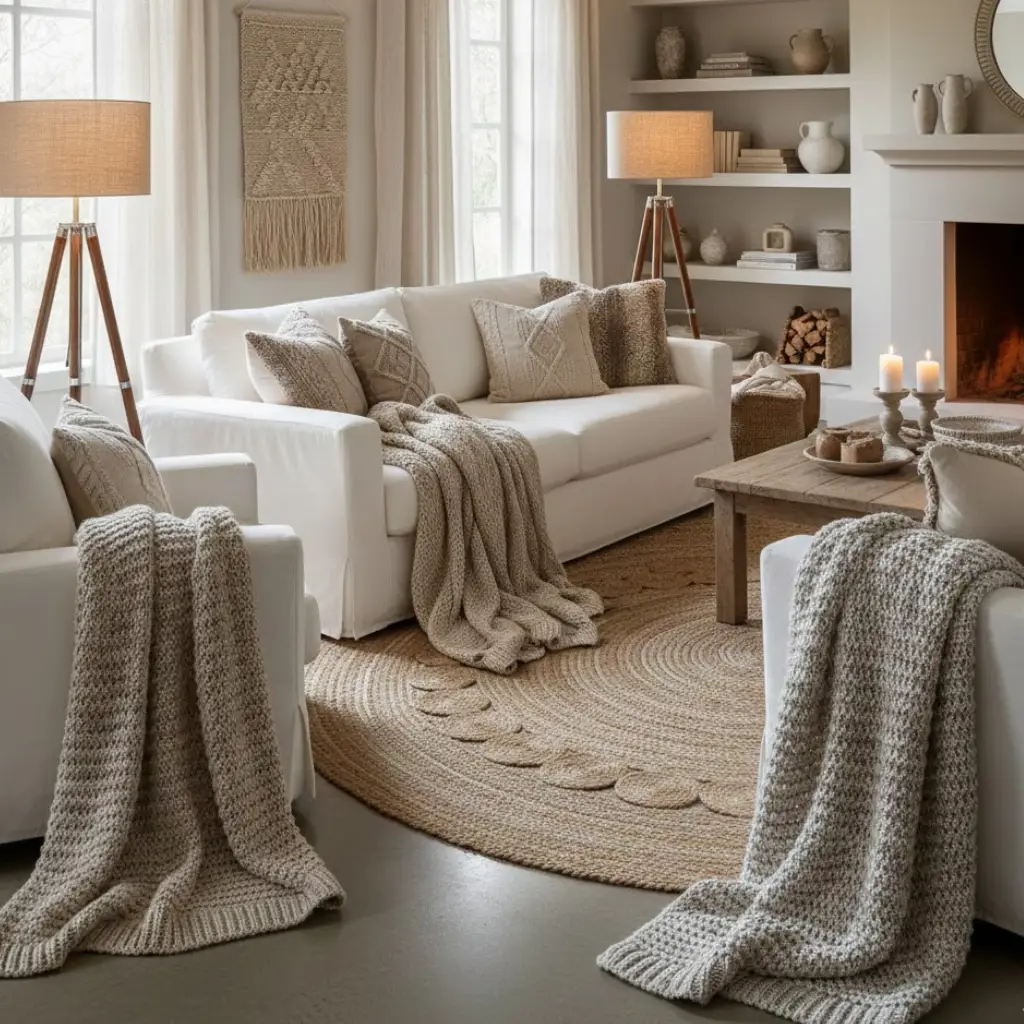 Cozy white living room with layered textures, neutral fabrics, and warm design elements.