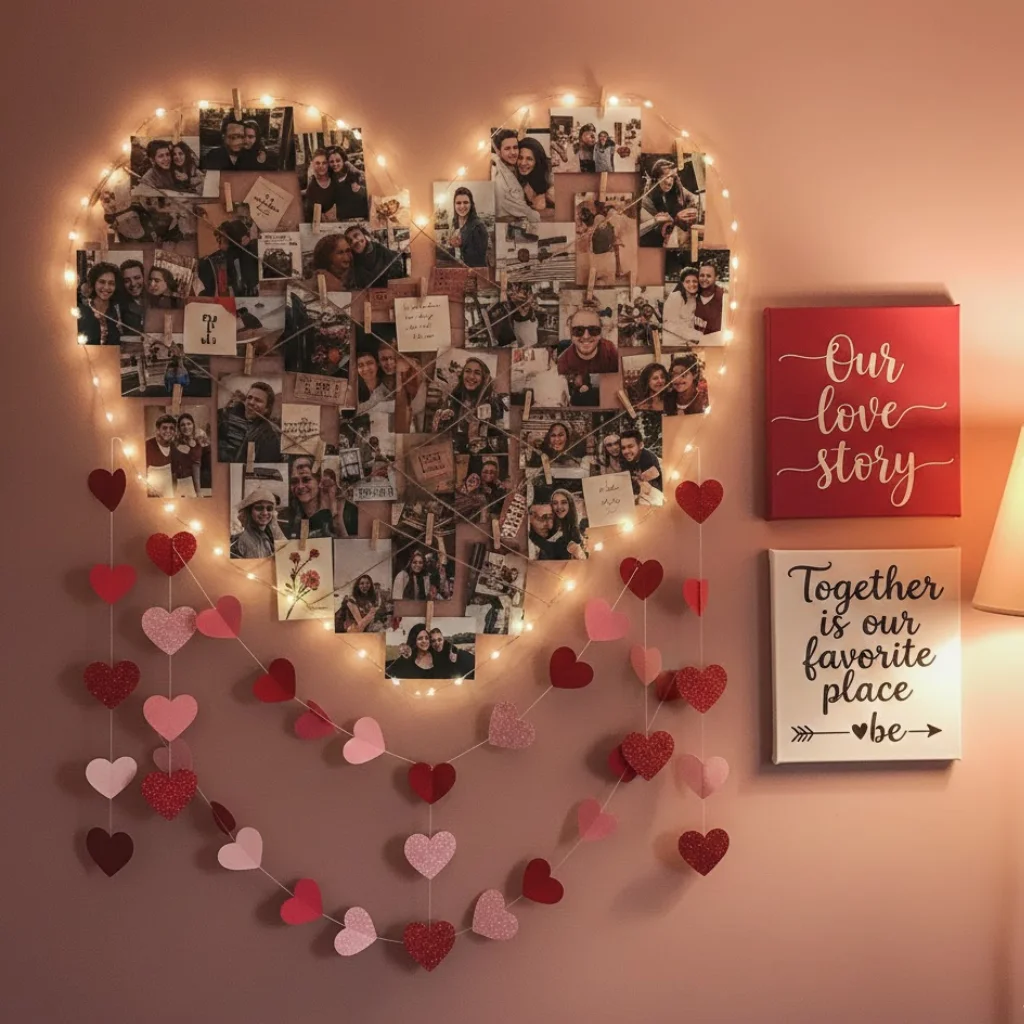 Creative Valentine’s wall display featuring photo collage, heart garlands, and DIY love quotes