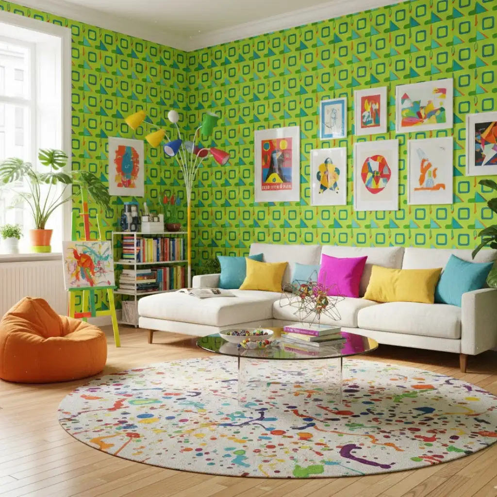 Creative room with lime green geometric wallpaper and simple furniture, offering a bright and energetic home decor style.