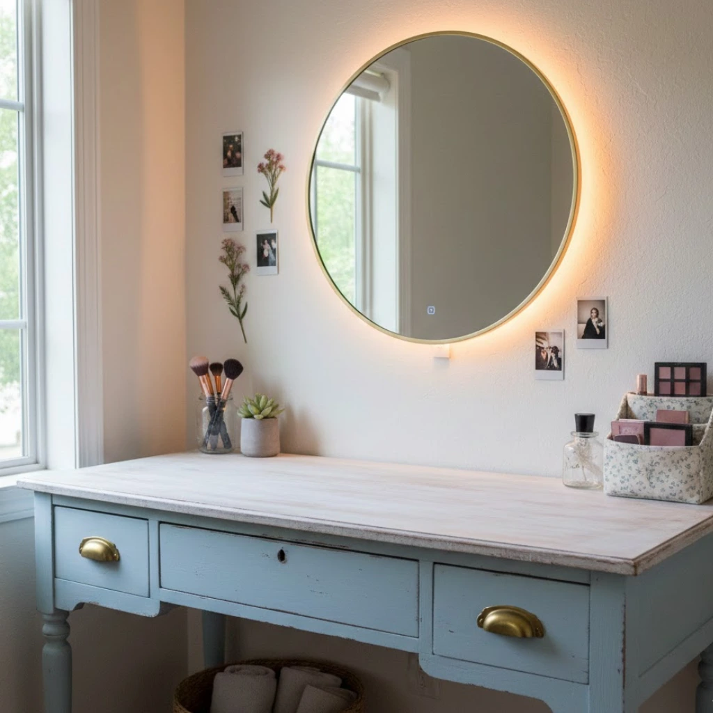 DIY bedroom vanity using a repurposed desk, wall mirror, and LED lighting for a creative, budget-friendly setup.