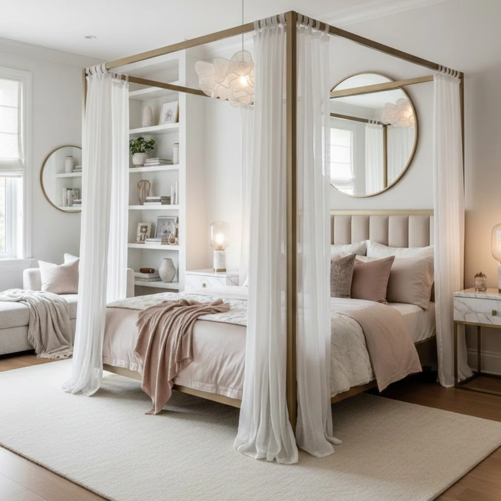 Dreamy girls bedroom with a modern canopy bed and soft elegant decor