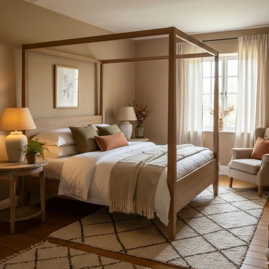 Earthy cottage bedroom with warm neutral tones and soft natural textures