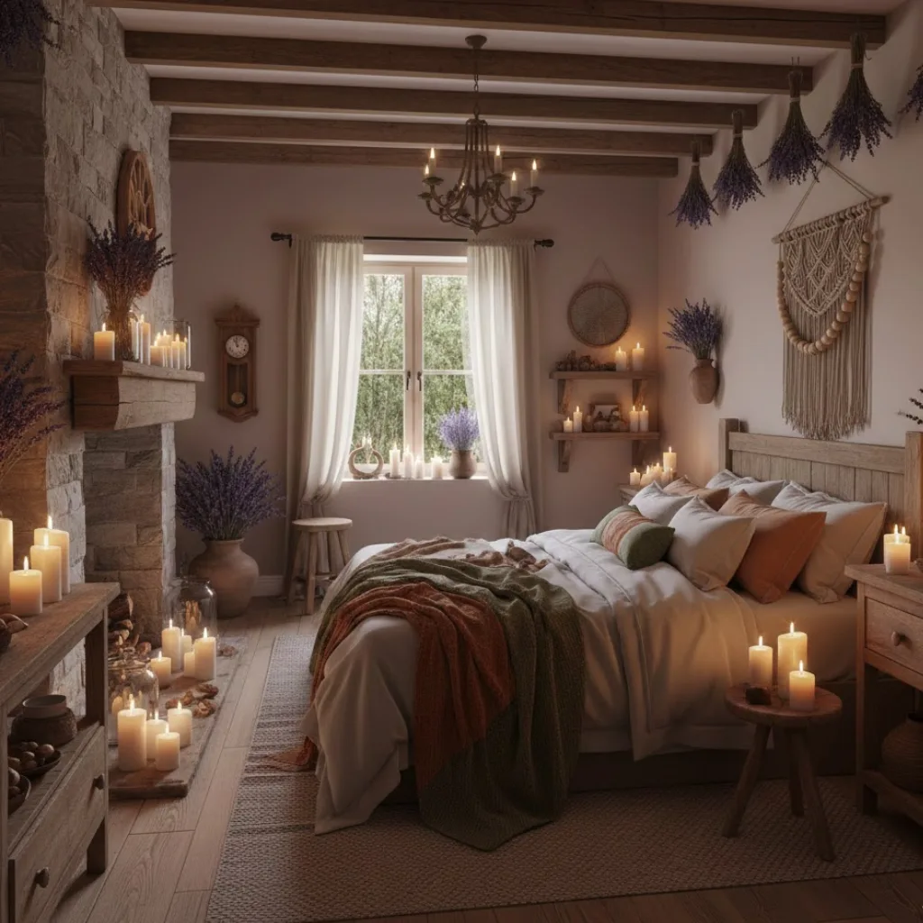 Earthy scent styling in a cozy cottage bedroom